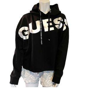 GUESS Page Cropped Hoodie Silver Foil Logo Sweatshirt